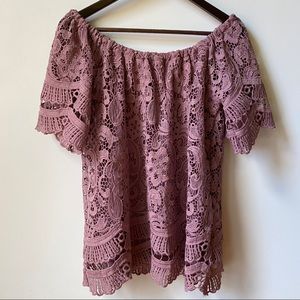 K. Jordan Mauve Lace Off the Shoulder atop